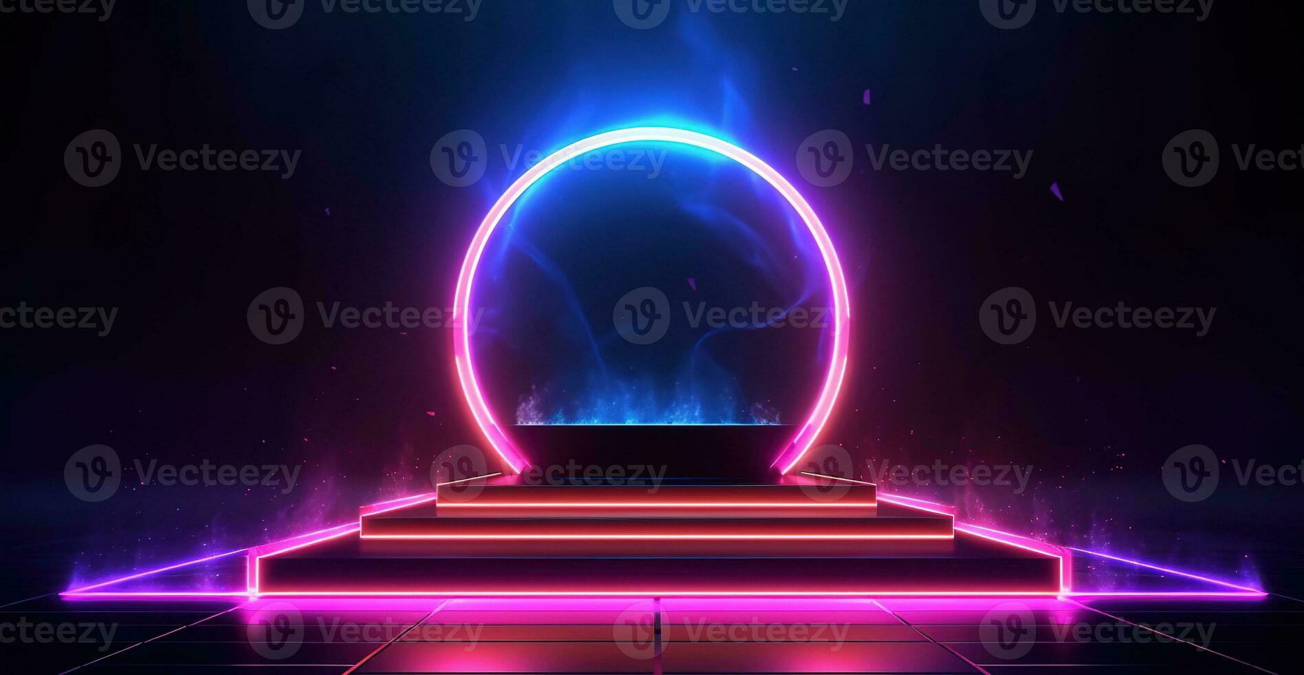 Background with glowing lights. Futuristic stage with neon light frame and podium. AI Generated photo