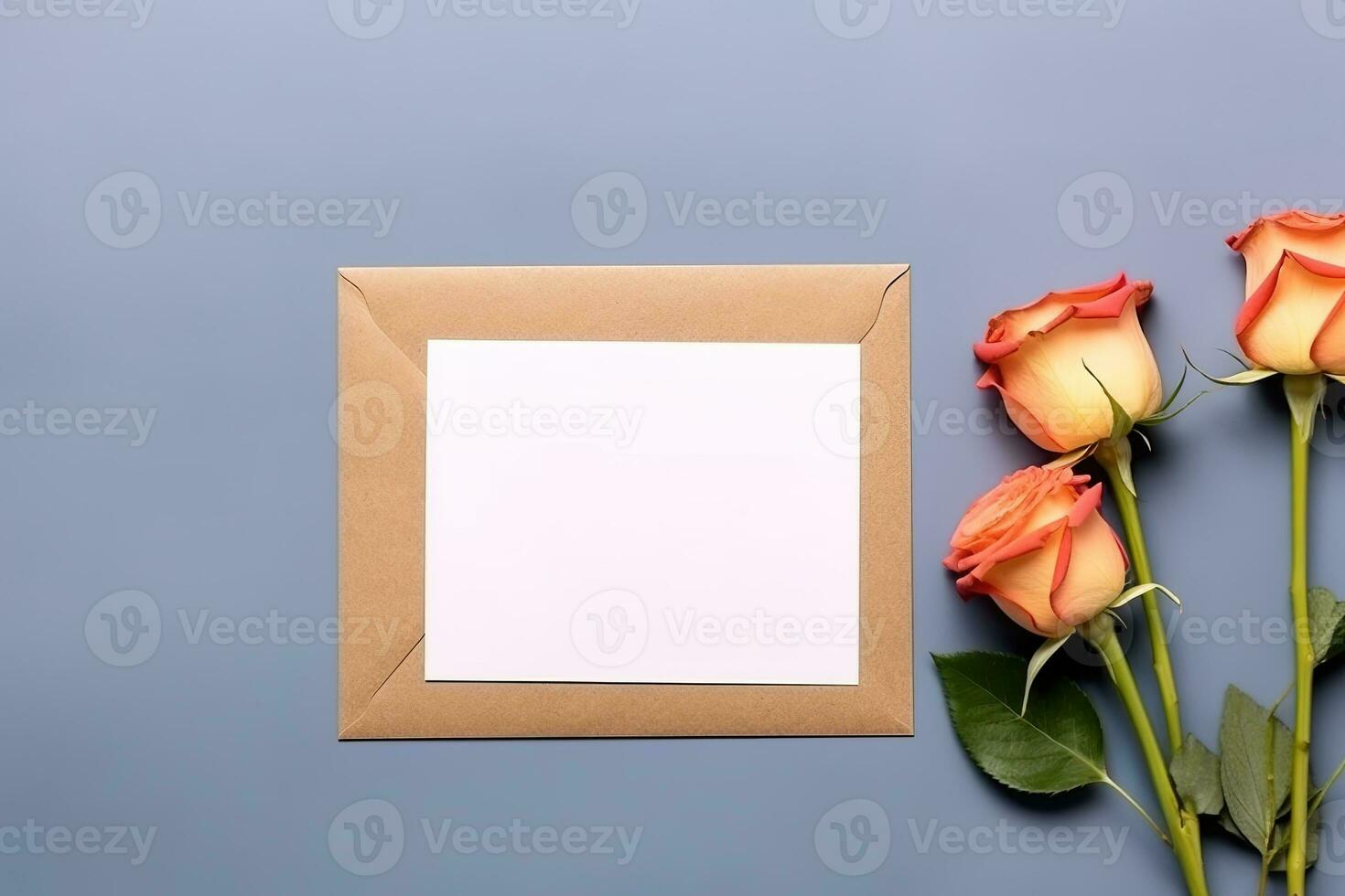 Bouquet of roses with blank card. Mockup invitation blank greeting card and flowers. AI Generated photo