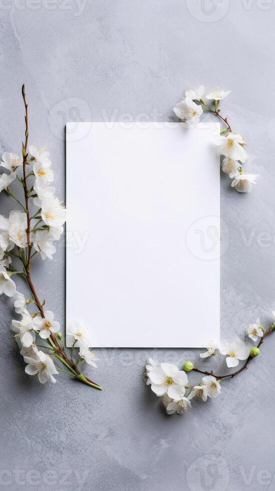 Bouquet of white flowers and blank card. Flowers composition. AI Generated photo