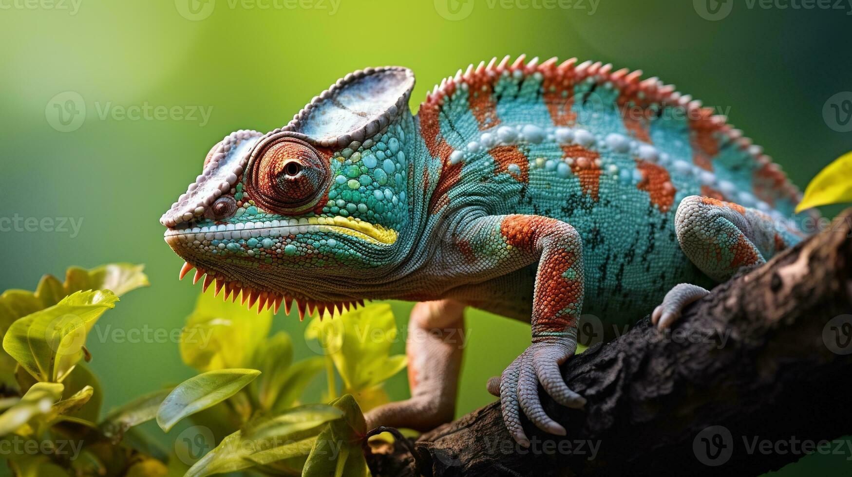 Chameleon on a branch. Veiled chameleon sitting on a branch. AI Generated photo