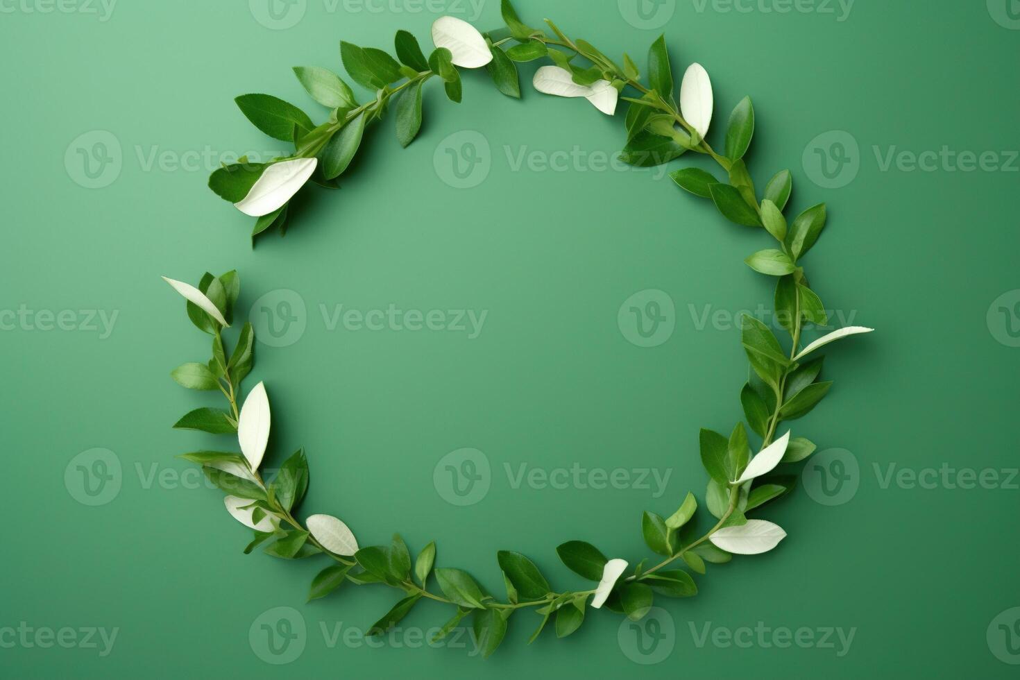 Wreath of green leaves. Green frame. Creative layout made of green leaves spring twigs. AI Generated photo