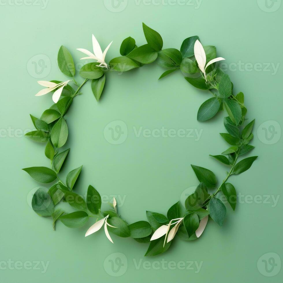 Wreath of green leaves. Green frame. Creative layout made of green leaves spring twigs. AI Generated photo