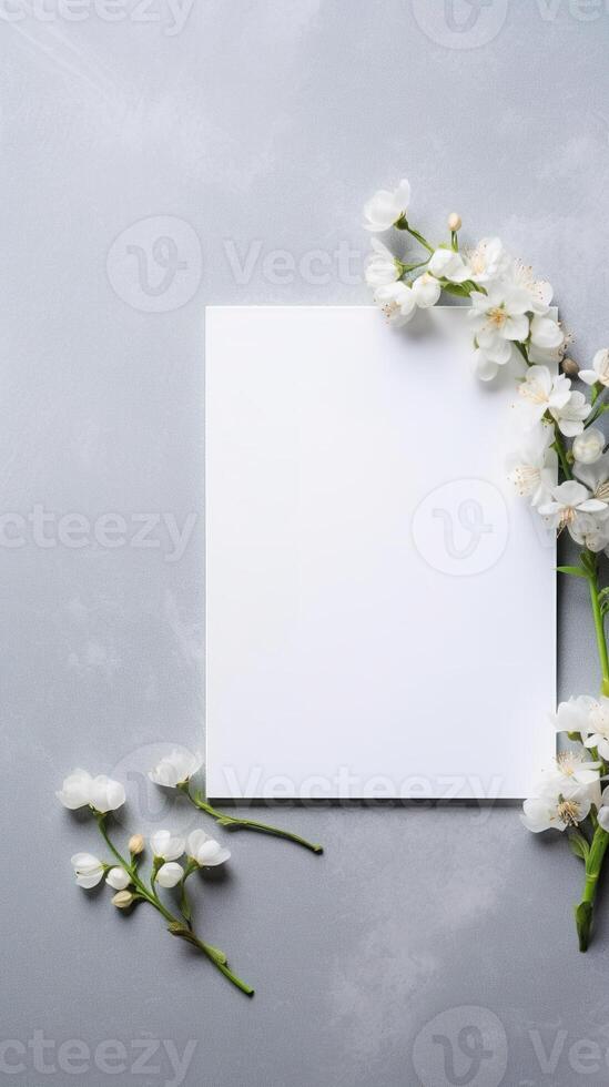 Bouquet of white flowers and blank card. Flowers composition. AI Generated photo