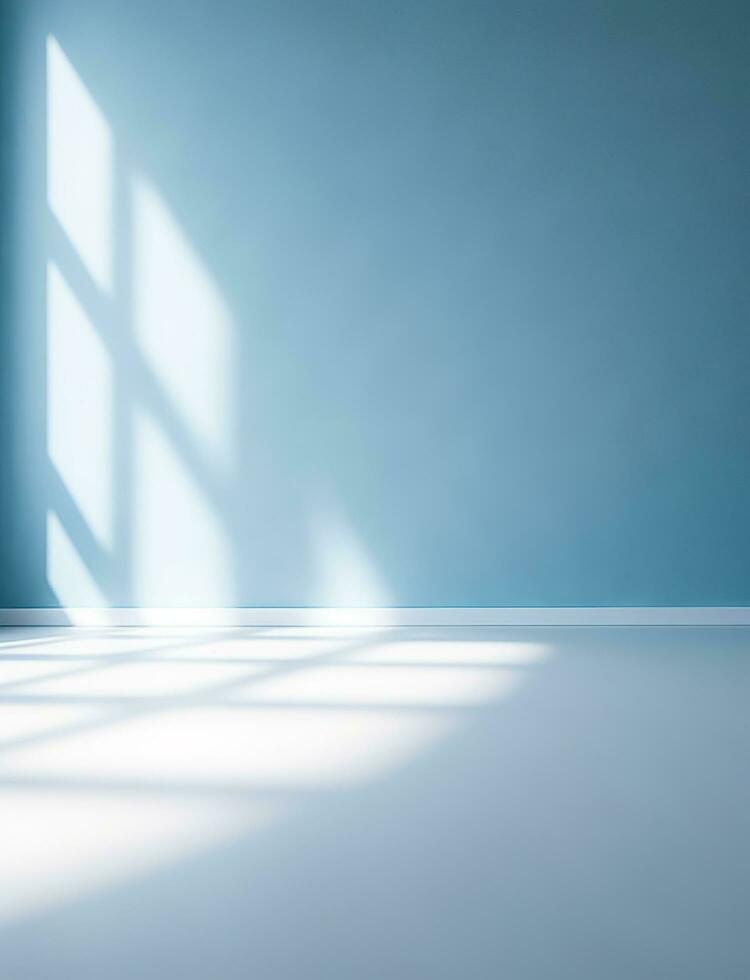 Empty room with a window. Light blue empty wall. AI Generated photo