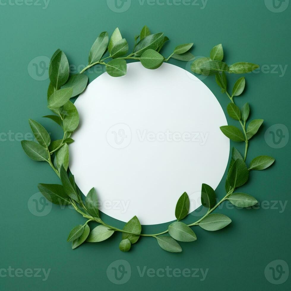 Wreath of green leaves. Green frame. Creative layout made of green leaves spring twigs. AI Generated photo