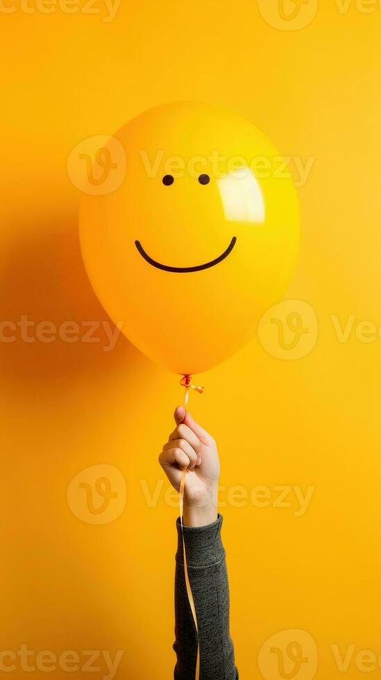 Person holding a balloon. Unrecognizable person holding yellow balloon against orange. AI Generated photo
