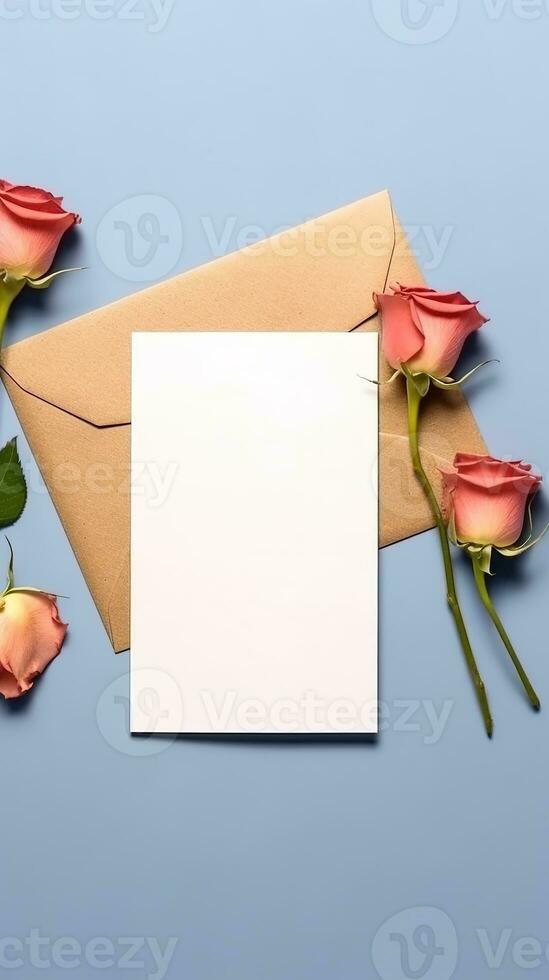 Bouquet of roses with blank card. Mockup invitation blank greeting card and flowers. AI Generated photo