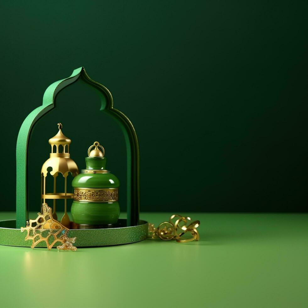 Ramadán podio en verde antecedentes. ai generado foto