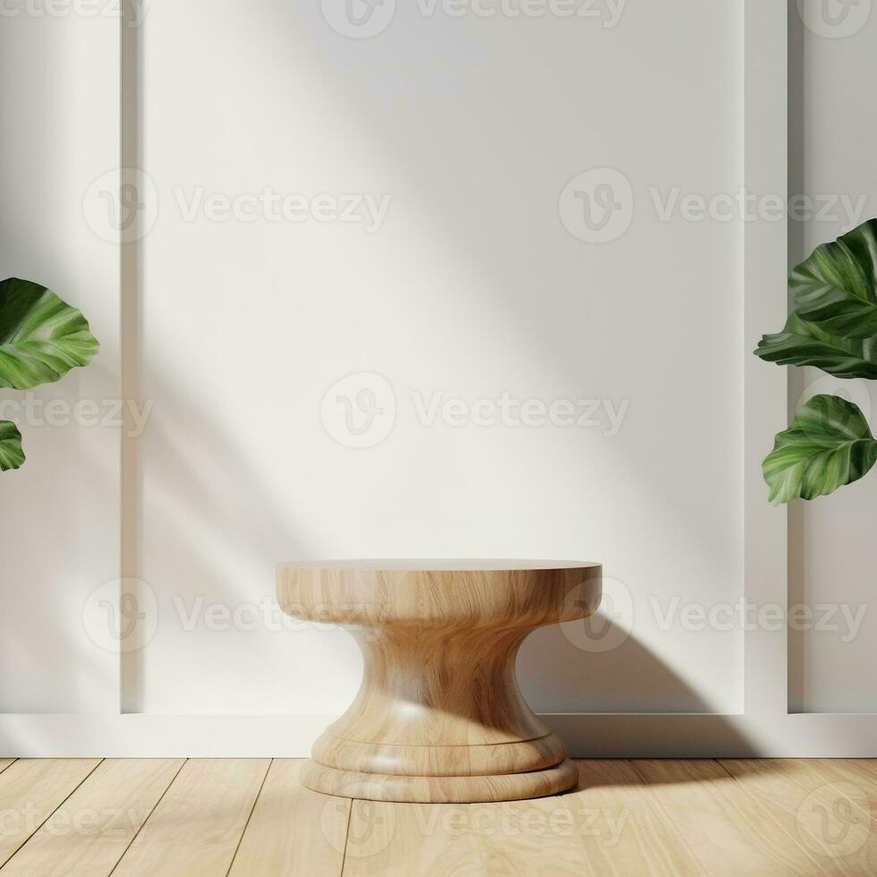 Room with wooden floor. Wooden pedestal in white wall for product presentation. AI Generated photo