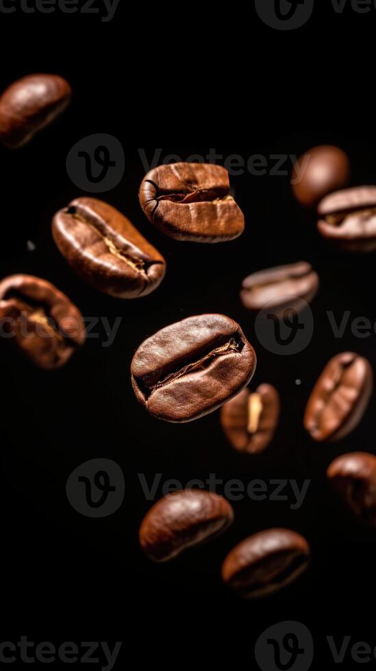 Coffee beans background Roasted falling or flying coffee beans on black background. AI Generated photo