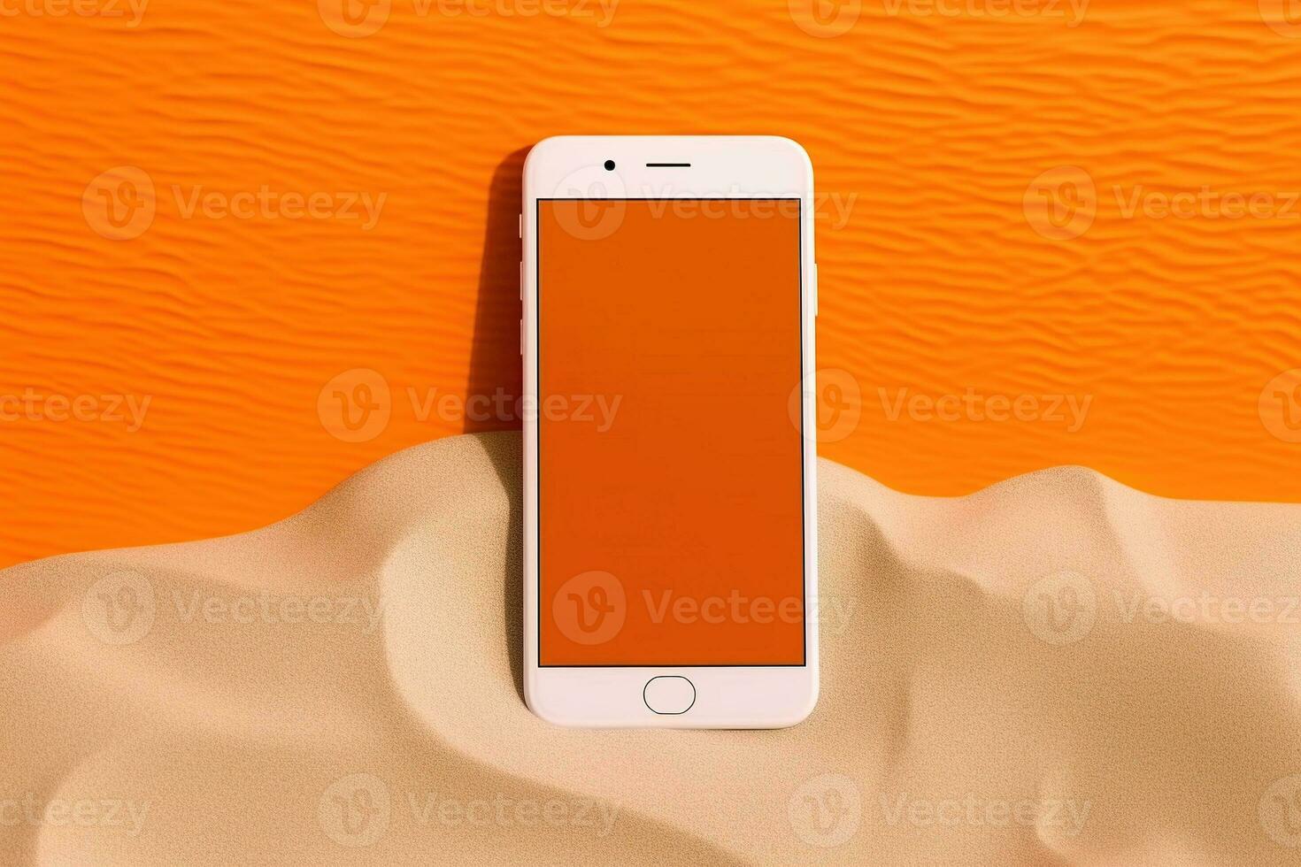 Blank screen smart phone on sand summer beach holiday. AI Generated photo