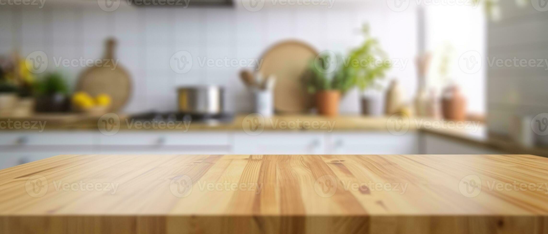 Table top. Wooden top table in kitchen interior for product display. AI Generated photo