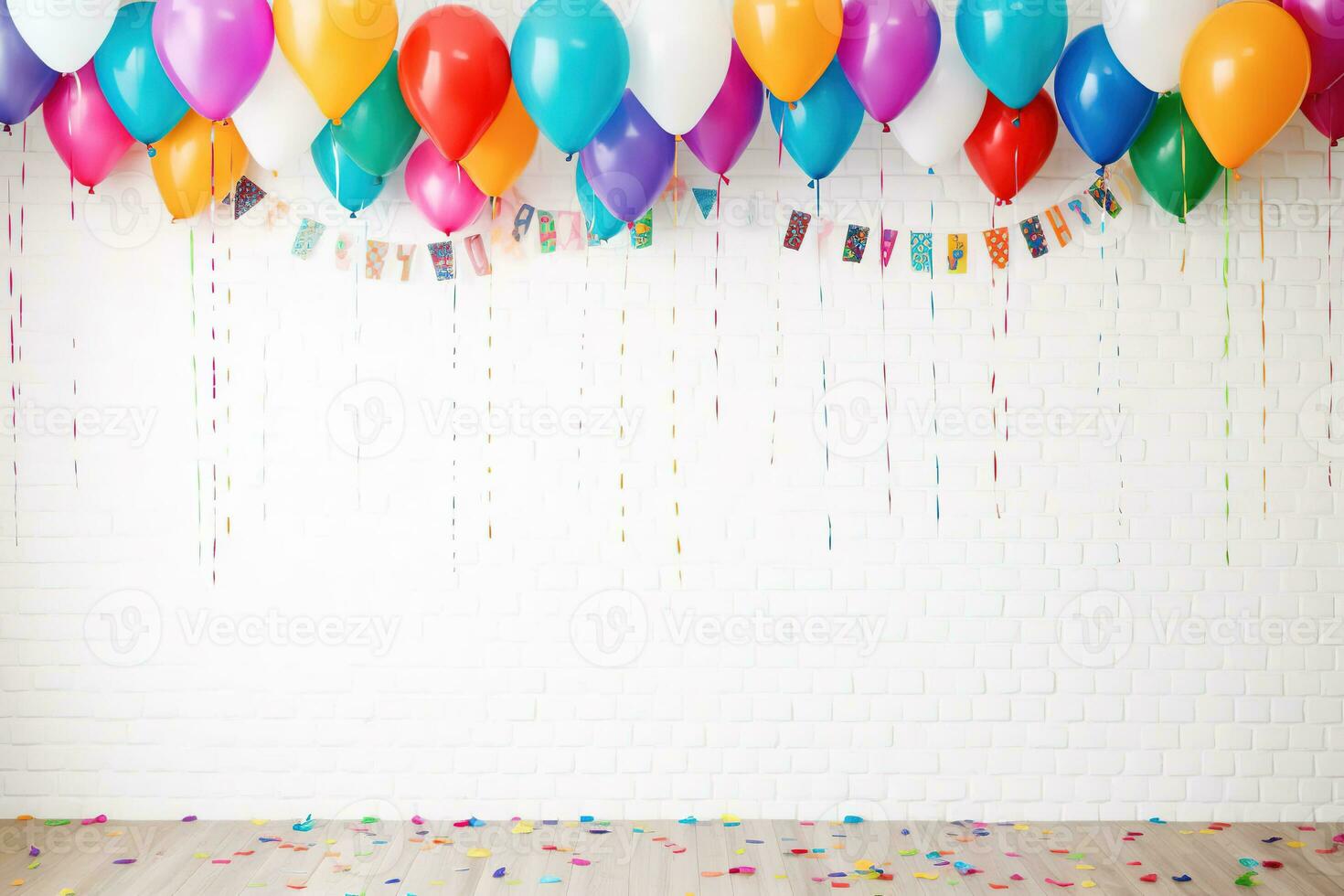 Colorful balloons and confetti. Colorful party balloons with confetti. AI Generated photo