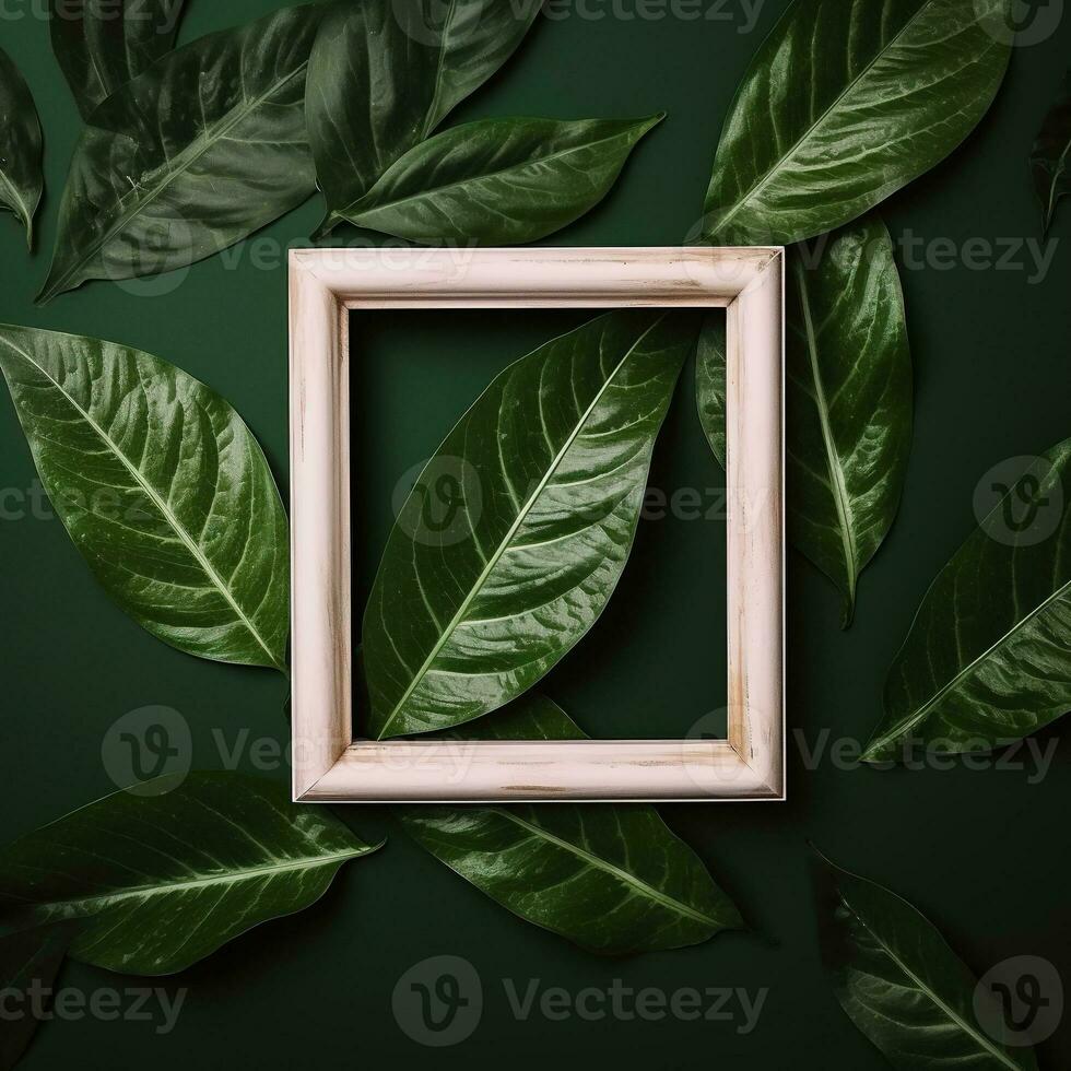 Frame with leaves. Flat lay of frame with leaf decoration. AI Generated photo