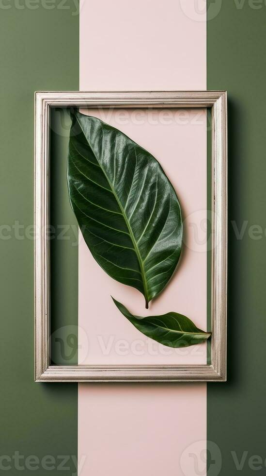 Frame with leaves. Flat lay of frame with leaf decoration. AI Generated photo