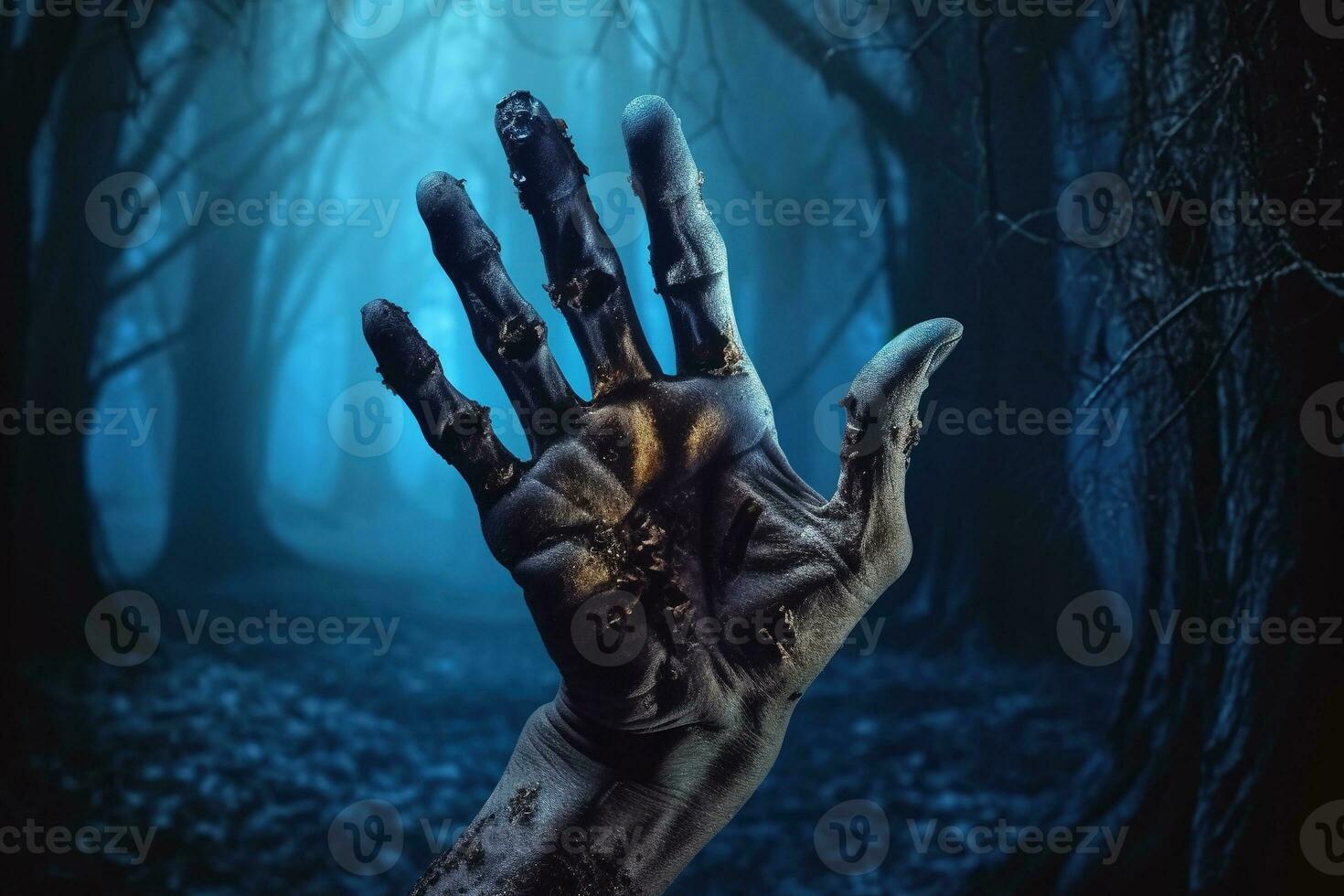 Zombie hand. Halloween background with zombie hand. AI Generated photo