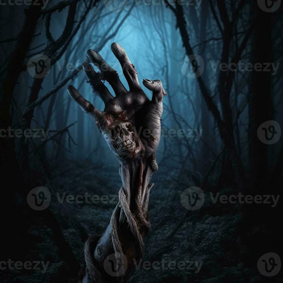 Zombie hand. Halloween background with zombie hand. AI Generated photo