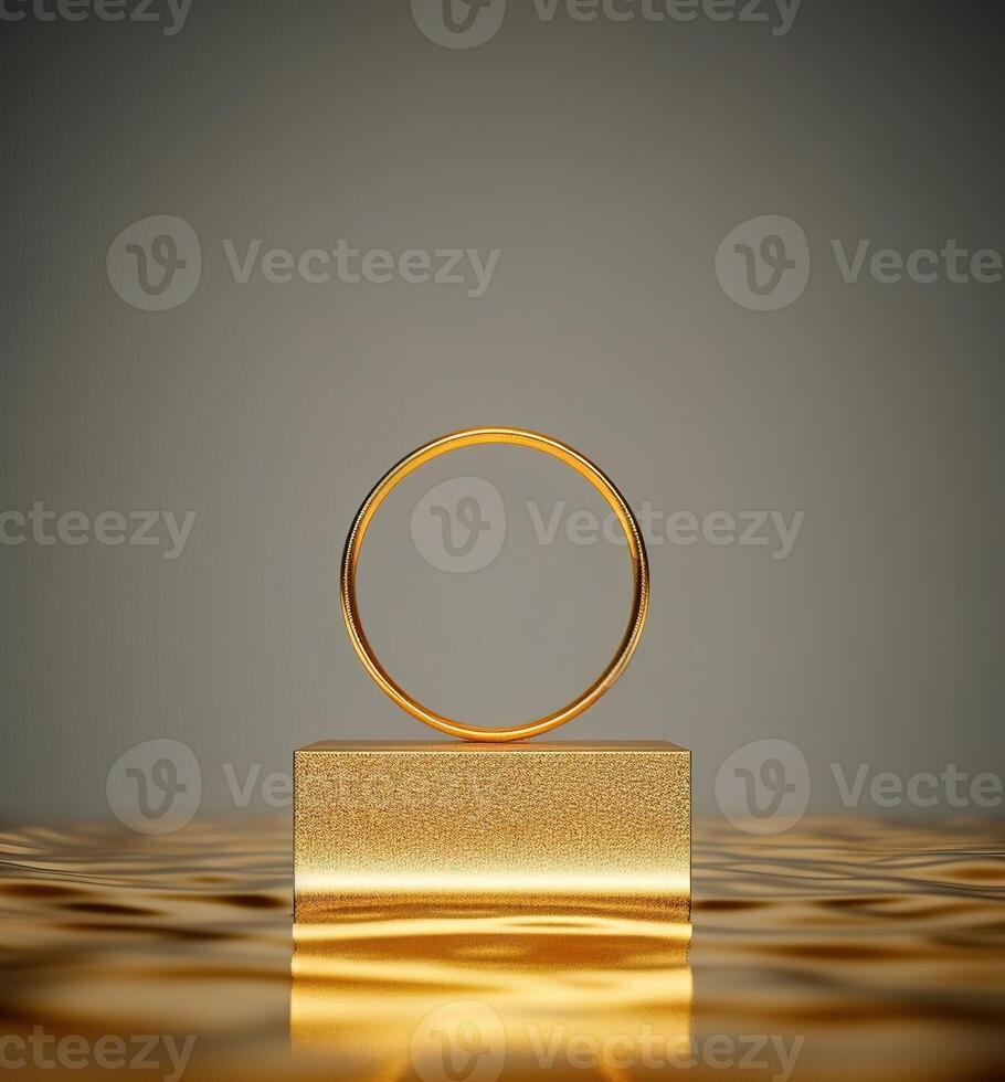 Gold rings. Floating podium product display backdrop gold color. AI Generated photo