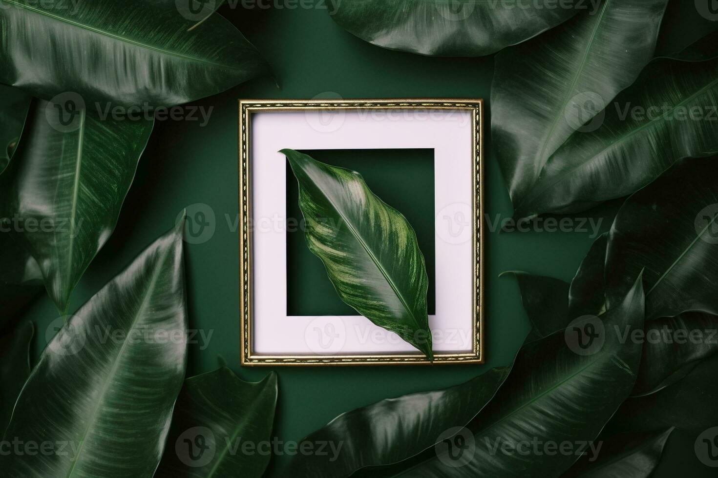 Frame with leaves. Flat lay of frame with leaf decoration. AI Generated photo