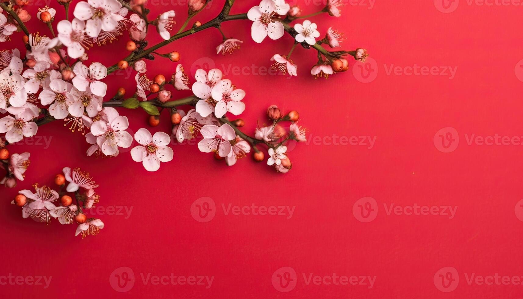 Generative AI illustration of many small beautiful pink flower blossoms on red pastel background with copy space photo