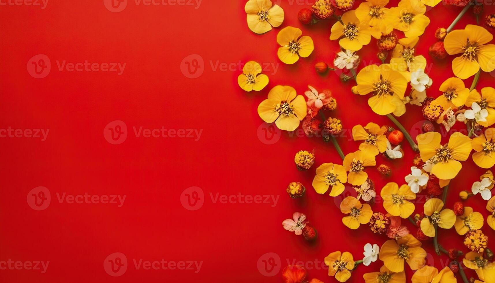 illustration of many small beautiful yellow flower blossoms on red pastel background with copy space. photo