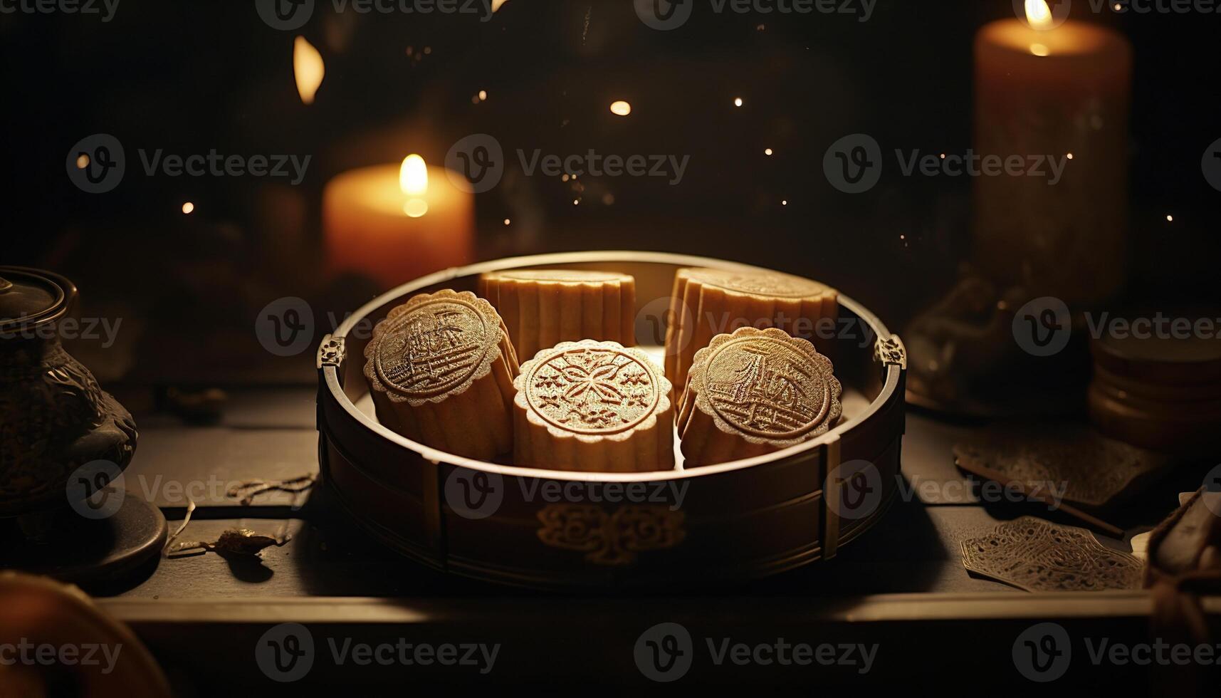 illustration of Chinese Mid Autumn Festival moon cakes arranged on a traditional Chinese porcelain plate, set on a rustic wooden table photo