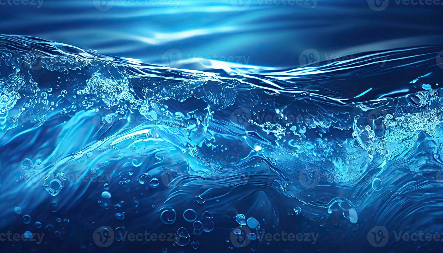 Generative AI illustration of transparent blue clear water surface texture with ripples, splashes and bubbles. Abstract summer banner background, water waves in sunlight with copy space photo