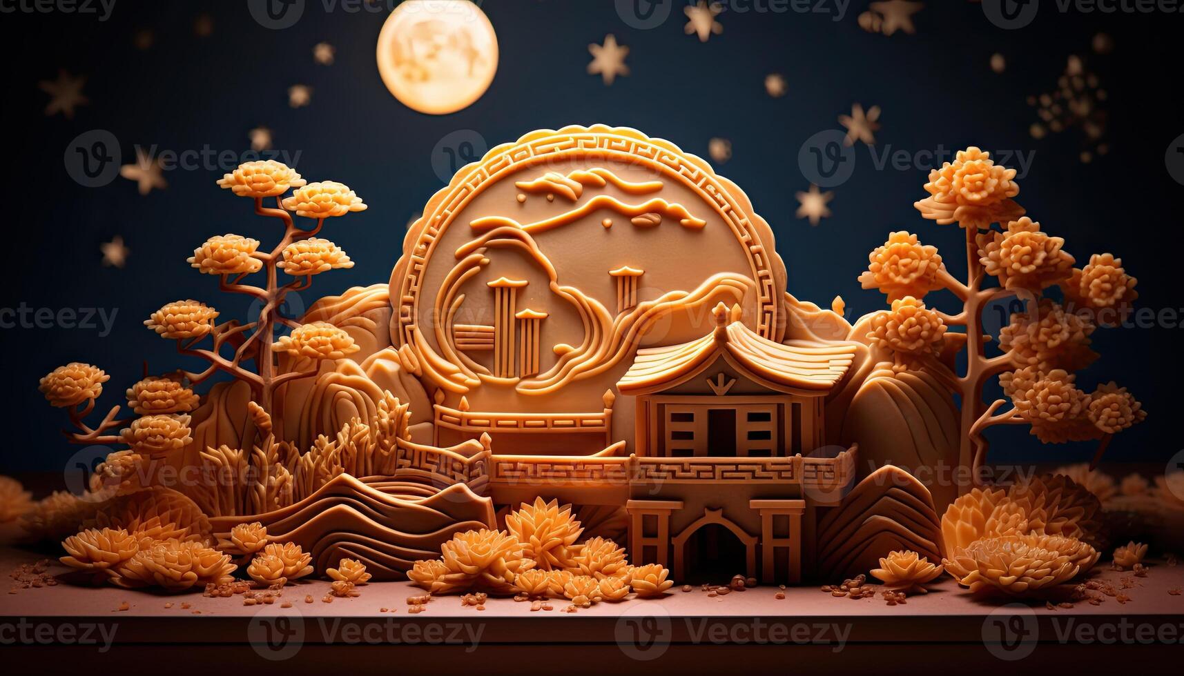 illustration of Chinese Mid Autumn Festival moon cakes arranged on a traditional Chinese porcelain plate, set on a rustic wooden table photo
