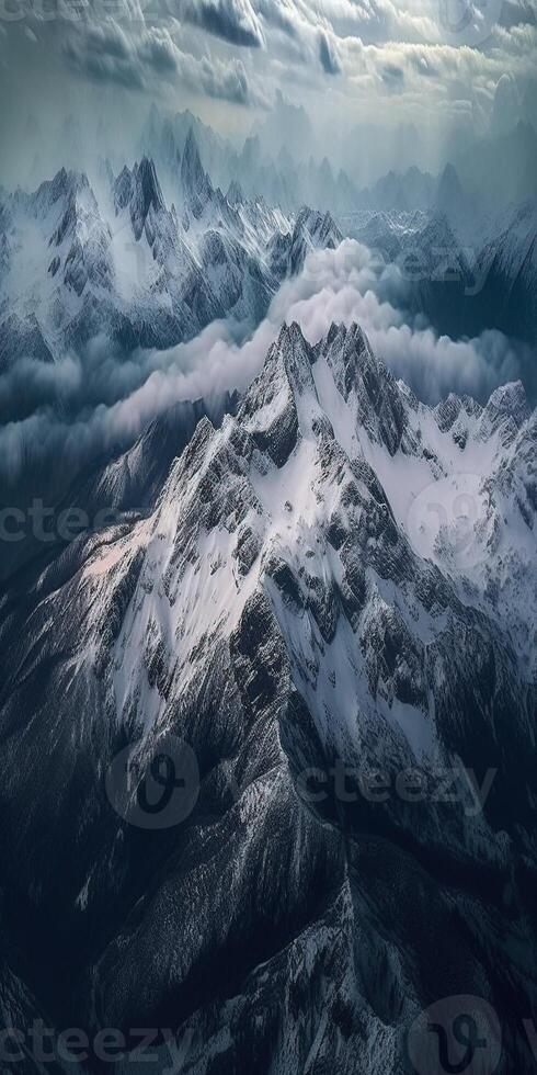 illustration of view from sky, snow mountains of dark age, rain, fog, dramatic and stunning landscape, dramatic linear delicacy photo
