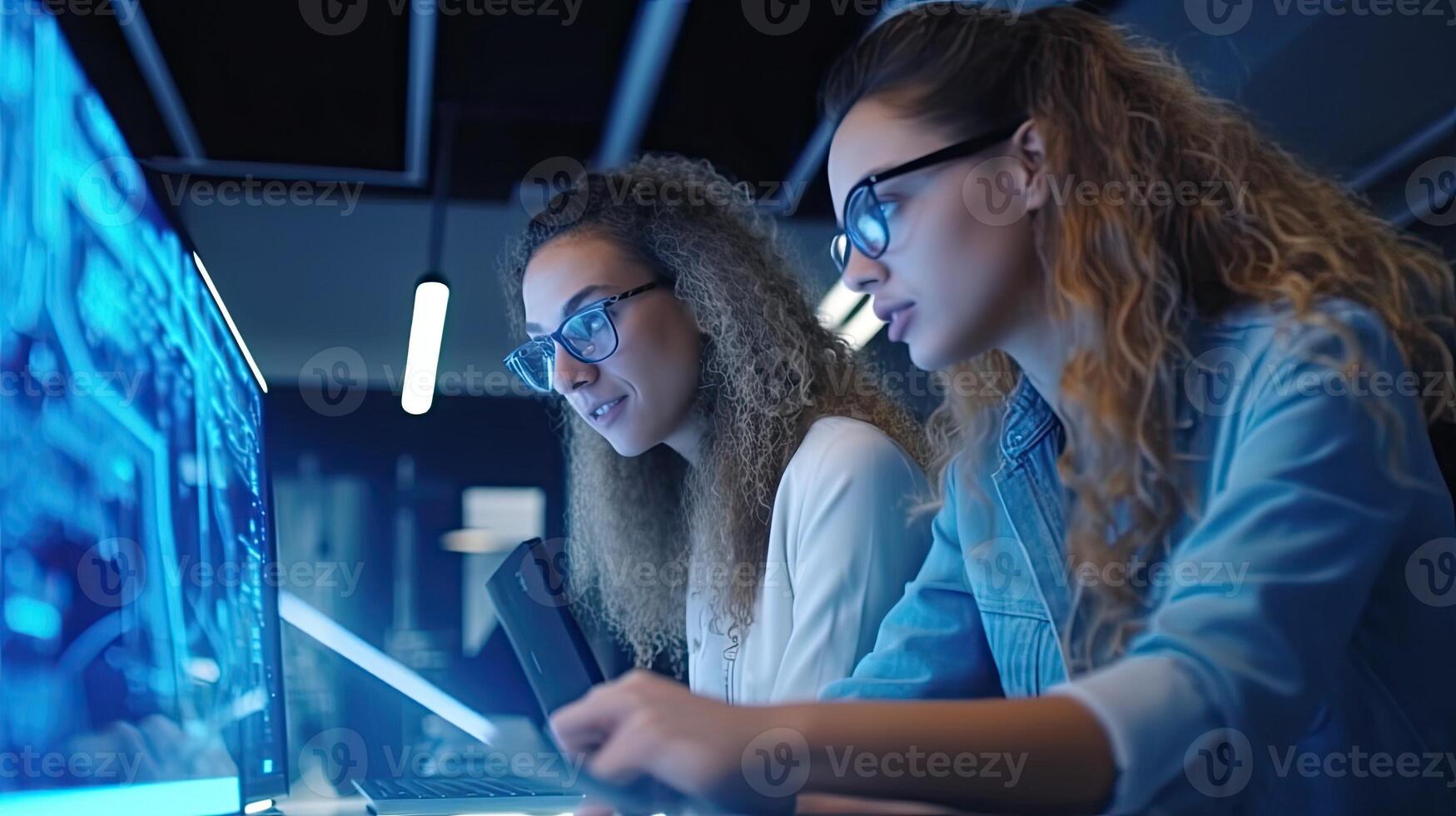 illustration of portrait of two creative young female and male engineers using laptop computer to analyze and discuss. Standing in high tech research office photo