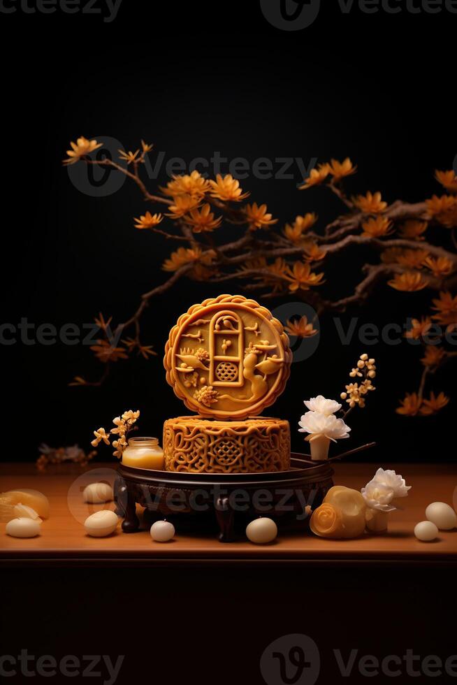 Generative AI illustration of Chinese Mid Autumn Festival moon cakes arranged on a traditional Chinese porcelain plate, set on a rustic wooden table photo