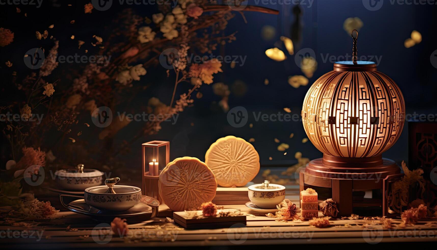 illustration of Chinese Mid Autumn Festival moon cakes arranged on a traditional Chinese porcelain plate, set on a rustic wooden table photo
