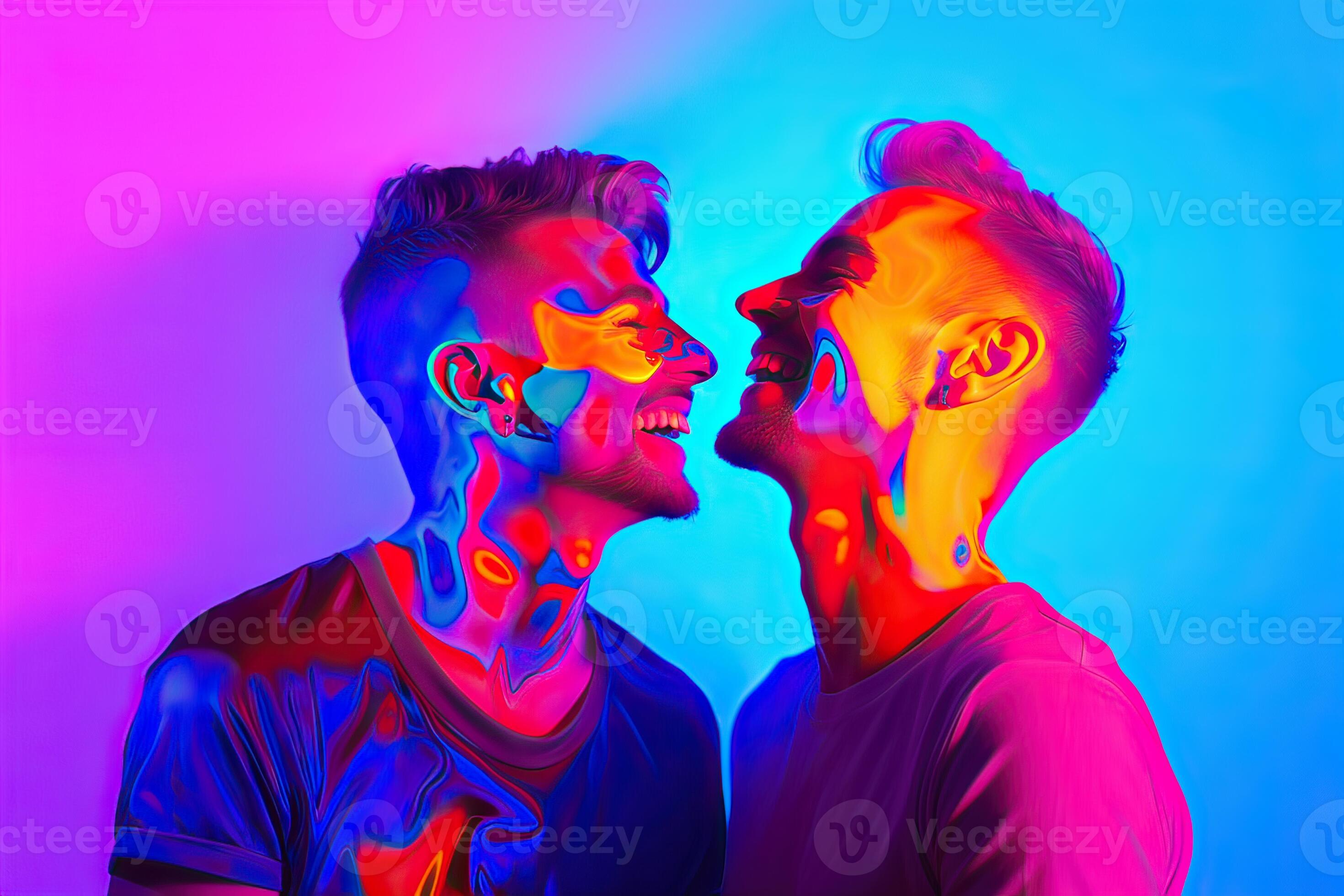 Generative AI illustration of smiling couple gay, LGBT concept, positive  and joyful. Neon club color background 26263568 Stock Photo at Vecteezy