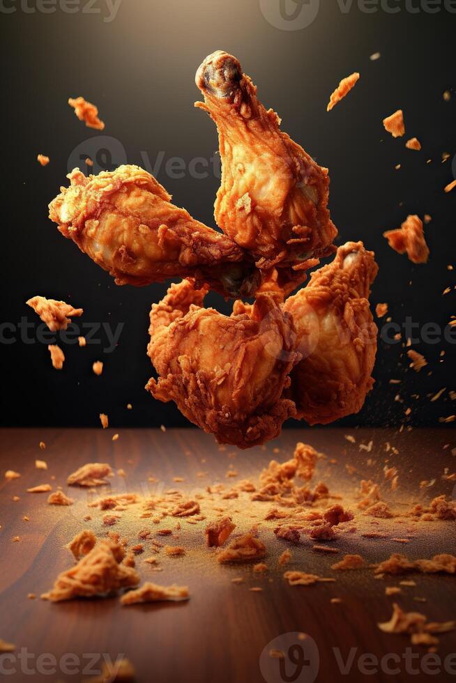 Generative AI illustration of flying fried chicken plain background photo