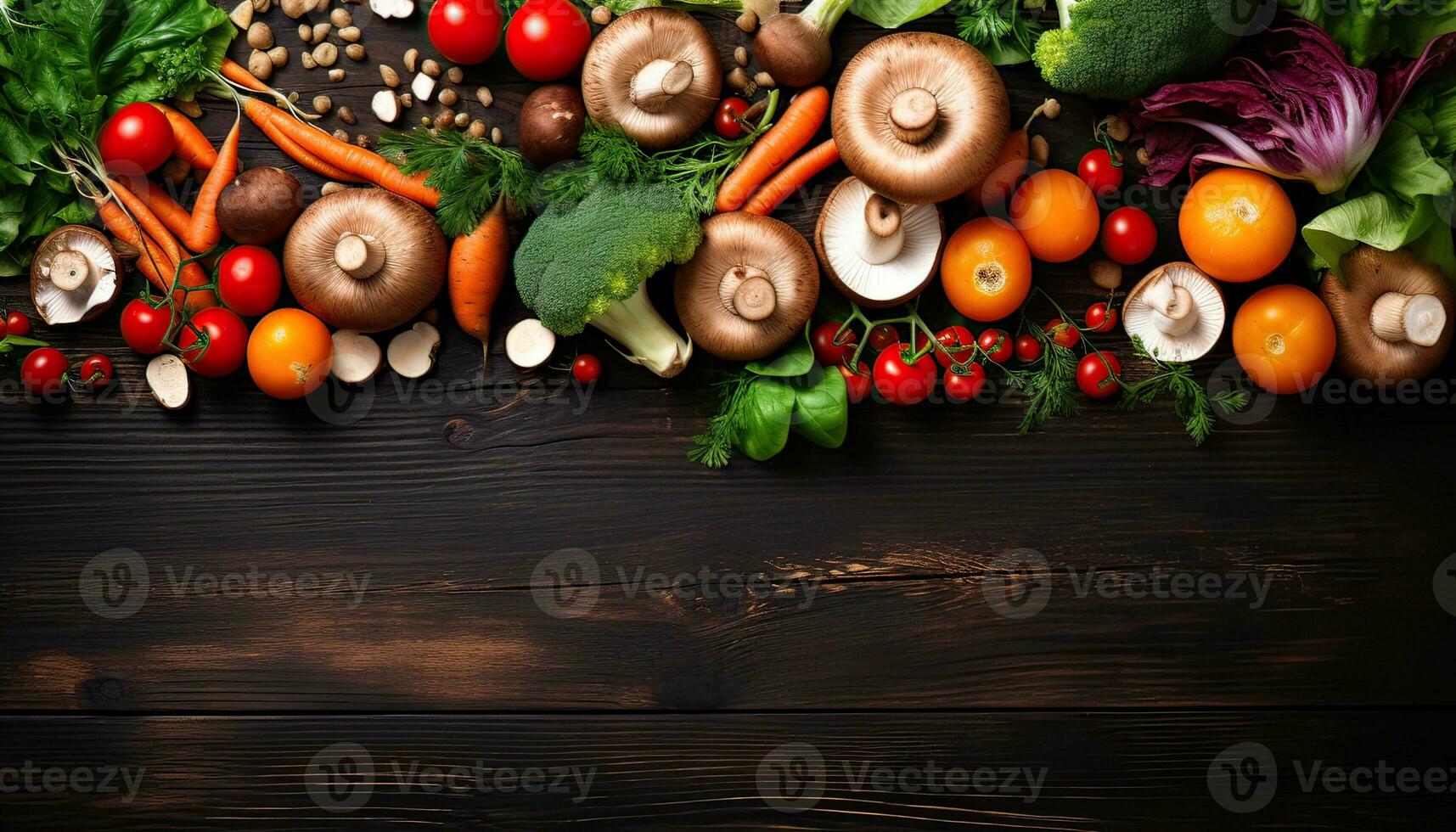 Generative AI illustration of organic harvest vegetables. Vegetarian ingredients for cooking on dark rustic wooden background, top view photo