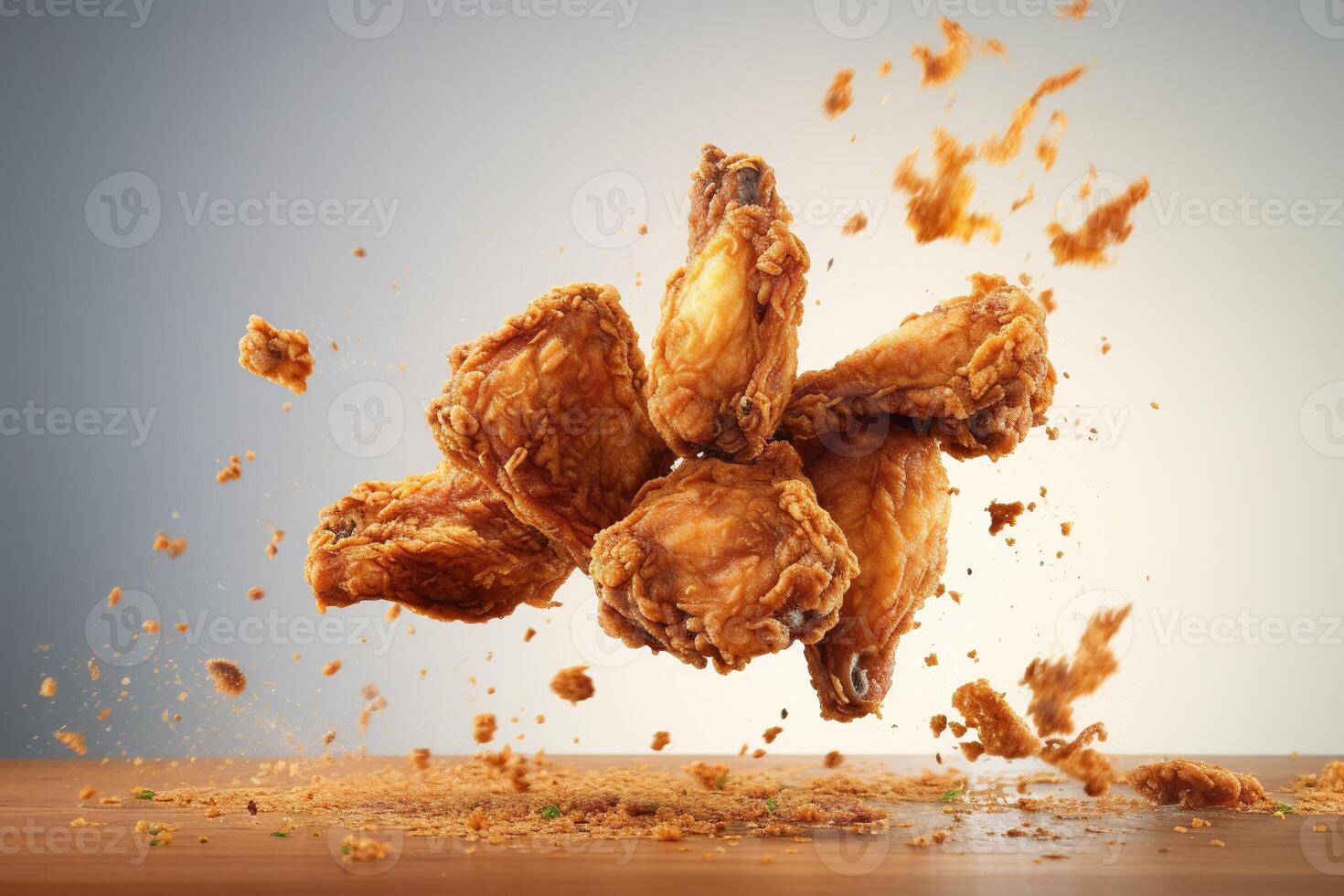 Generative AI illustration of flying fried chicken plain background photo