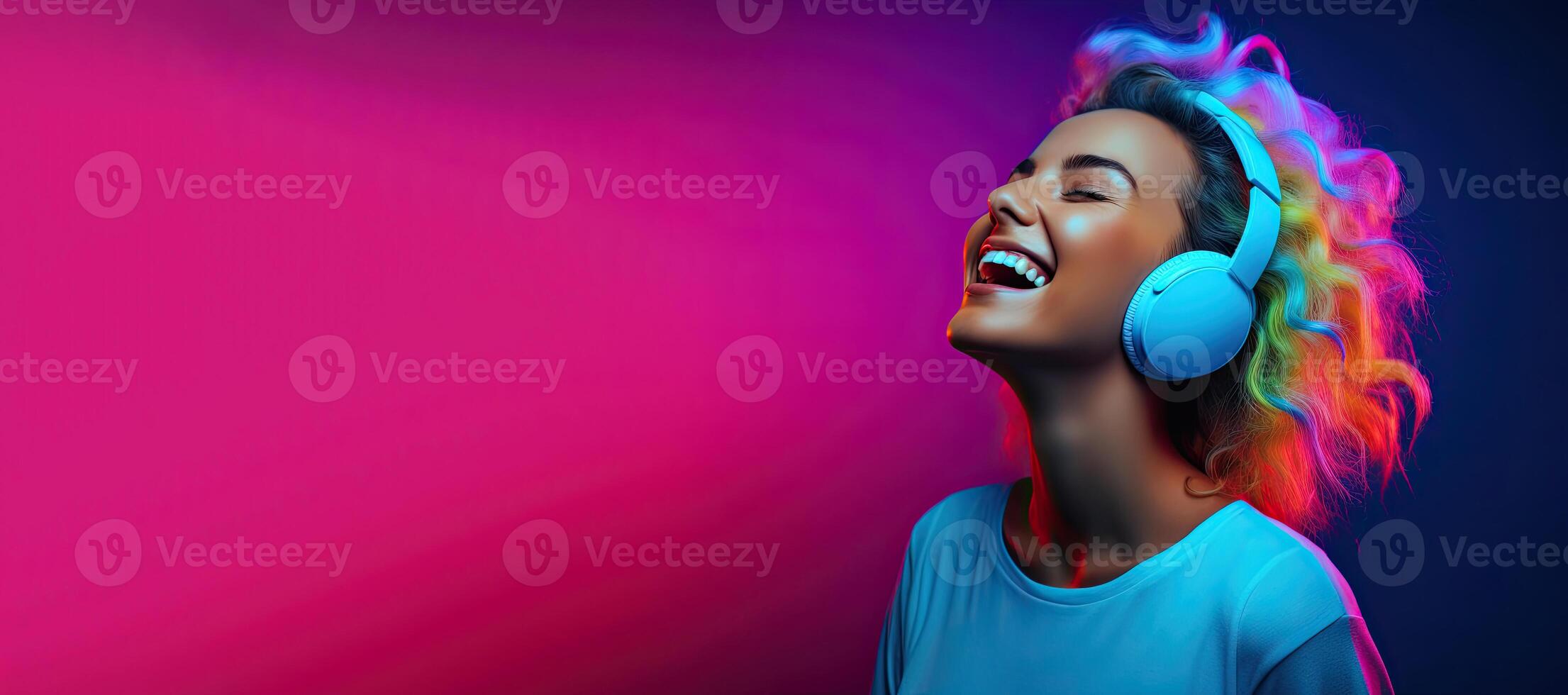 illustration of smiling woman listening to music - positive and joyful. Solid color neon background photo