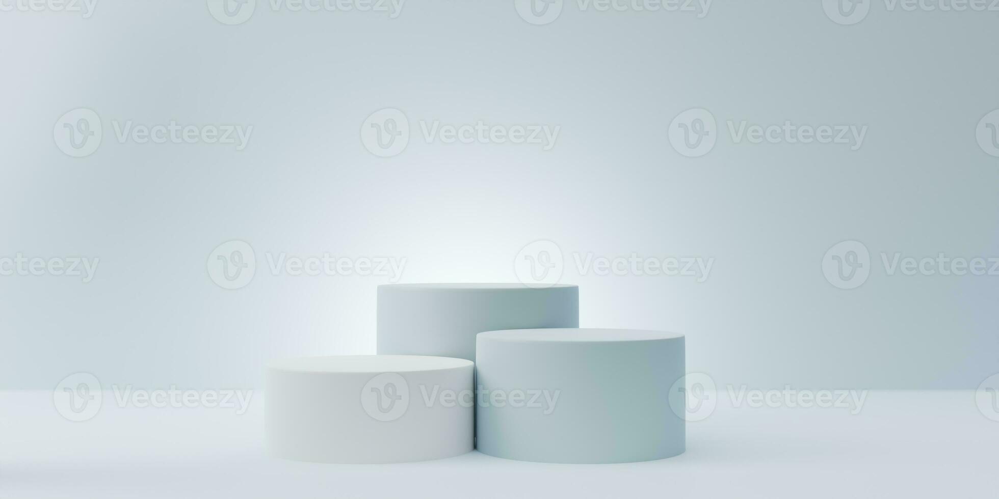 Empty light blue clean room with set of three steps 3D cylinder podium pedestal or product display stand. 3d rendering photo