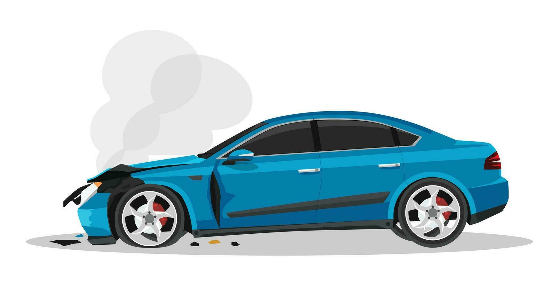 Vector or Illustation of Cars that have been damaged from the front. Wrinkled hood, cracked wheels, damaged front door sills. With smoke out from engine of car. Isolated white background.