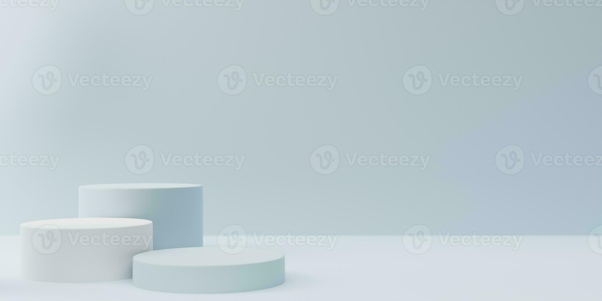 Empty light blue clean room with set of three steps 3D cylinder podium pedestal or product display stand. 3d rendering photo