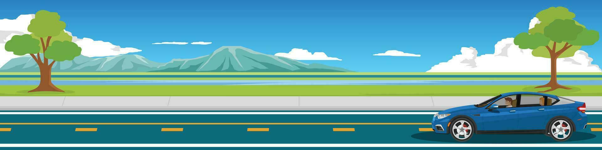 Cartoon transport travel for banner. Sport car with driving for travel.  Asphalt road with meadows and parallel paths and rivers. Mountain and blue sky with white clouds. Copy Space Flat Vector. vector