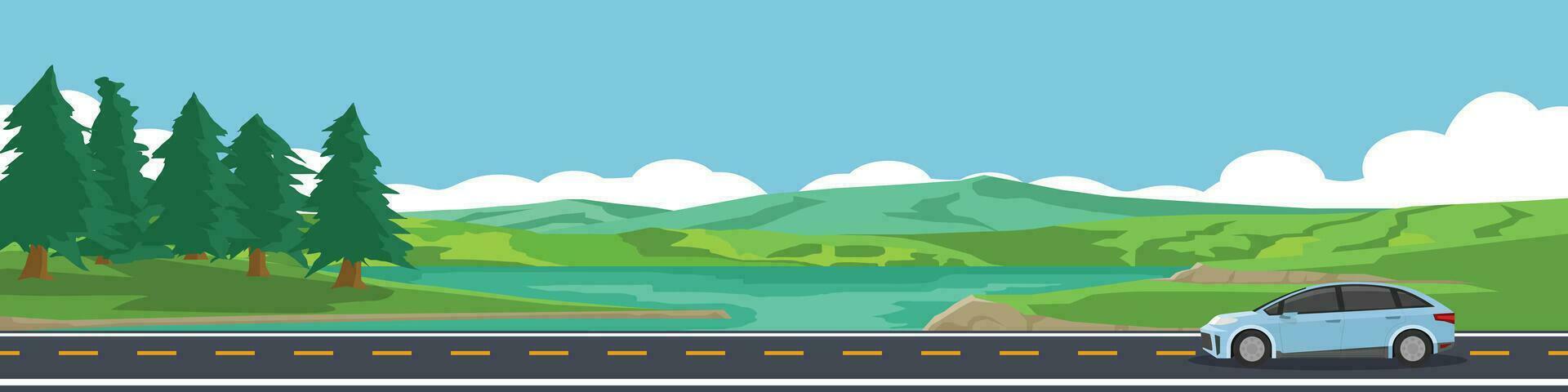 Cartoon travel car for banner. Car sedan for travel. Asphalt road near field of river and mountain under clear sky for winter travel. Copy Space Flat Vector. vector