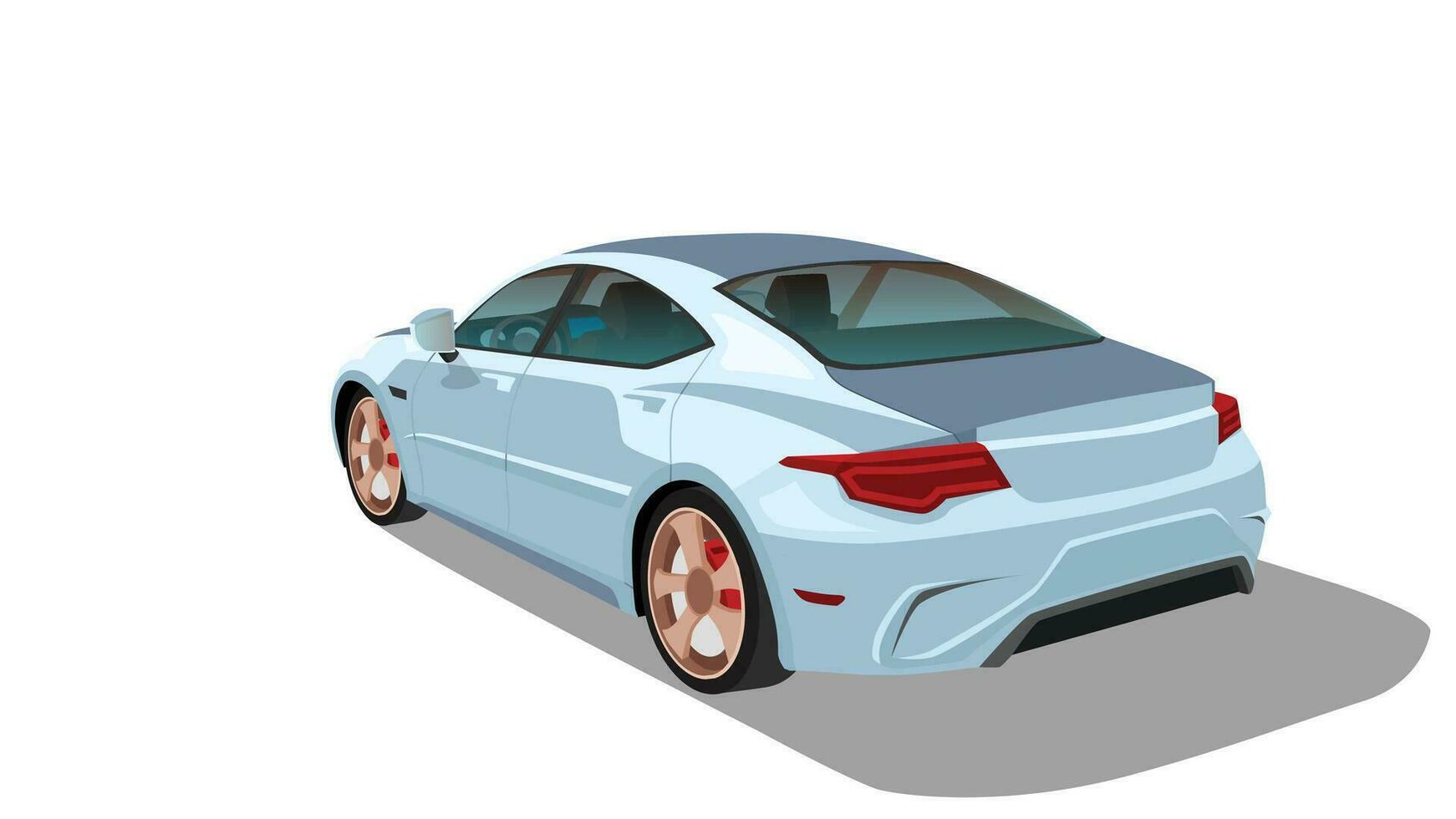 Vector or Illustrator of cartoon car. Isometric rear side view of car. Can view interior of car. No driver. Sedan of soft blue car. Shadow on isolated white background.