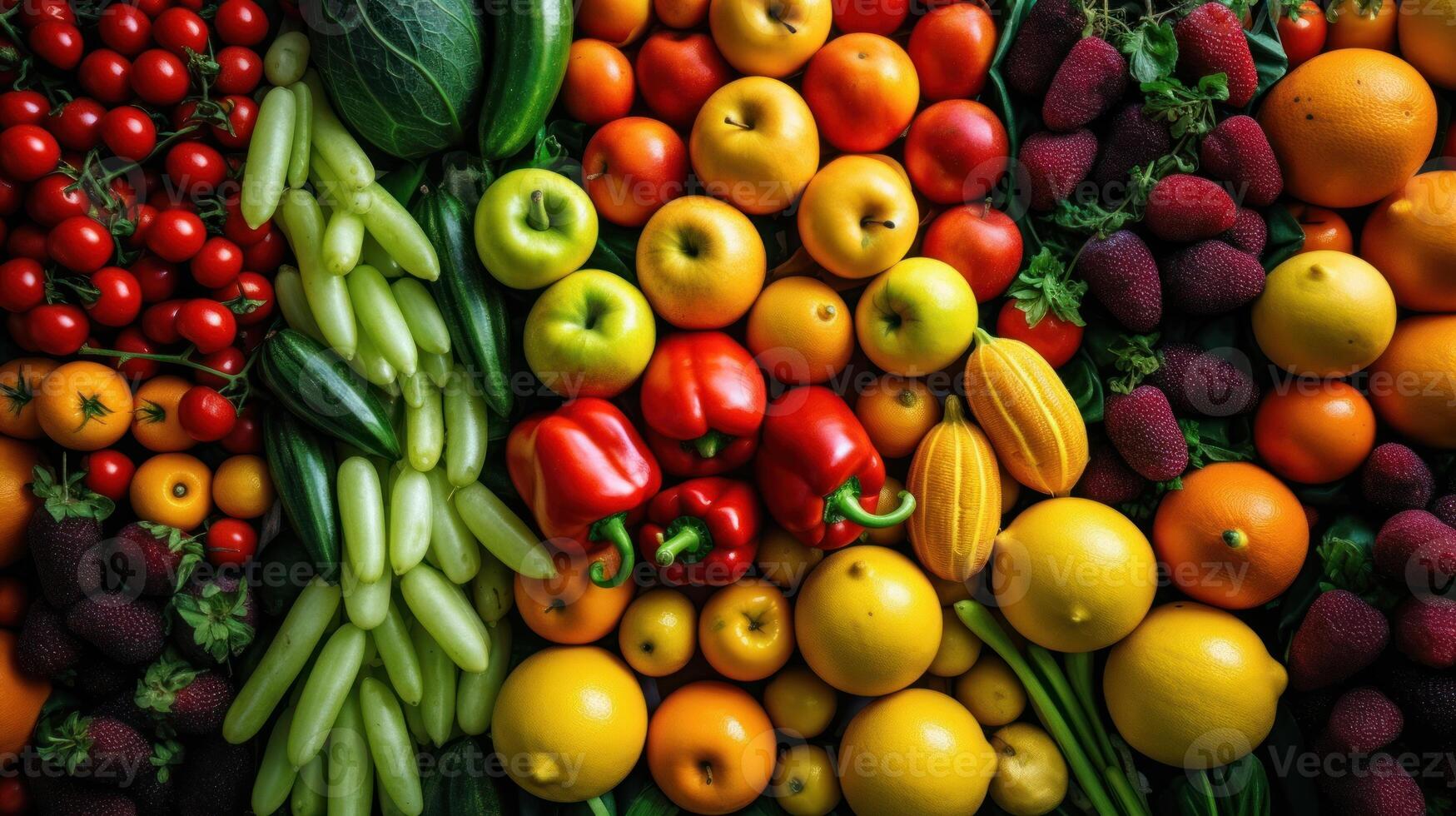 un de cerca Disparo de Fresco frutas y vegetales arreglado en un vibrante monitor a un local agricultores mercado. ai generado foto