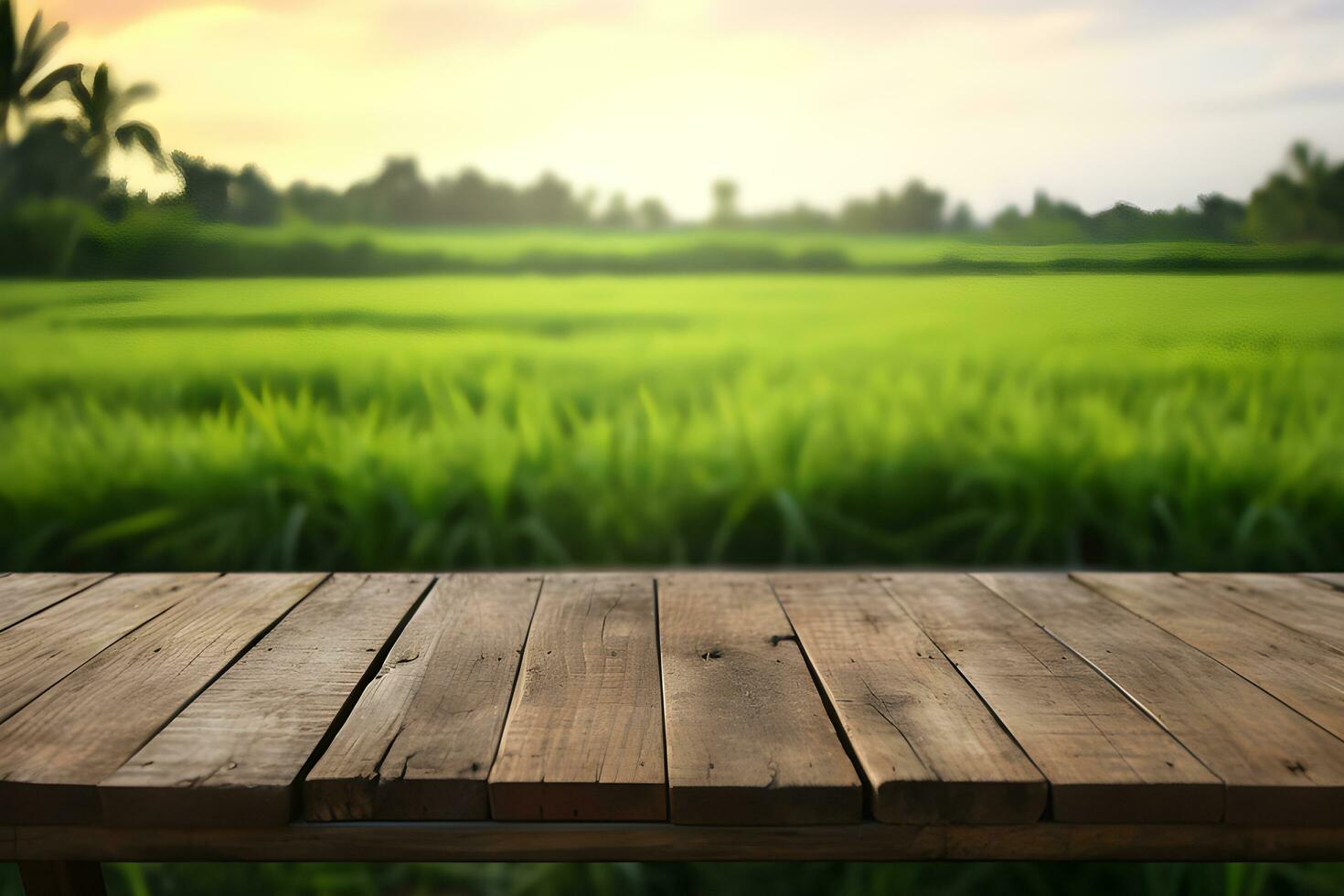 madera mesa con arroz campos en antecedentes. generativo ai foto
