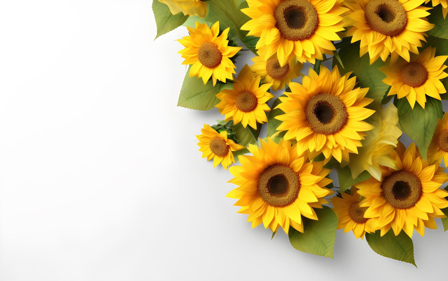 Sunflower bouquet with leaves on white background. photo