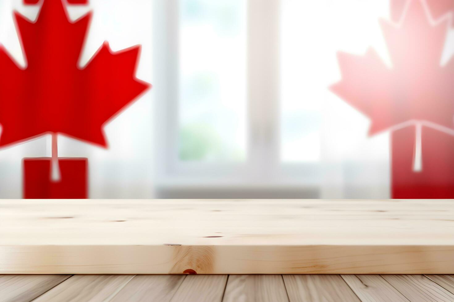 Wood table with Canada Flag background. Canada Day concept. Generative AI photo