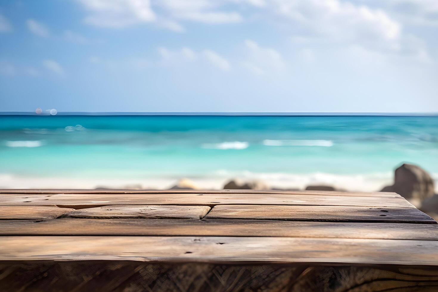 Wood table with ocean background. summer background. photo