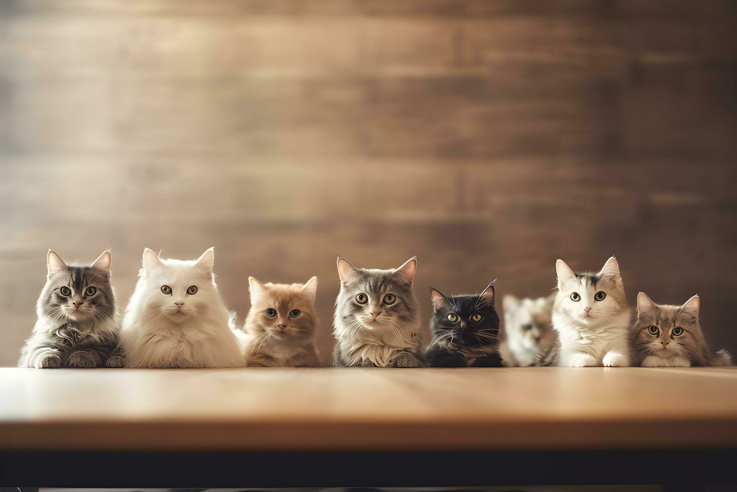Wooden table with many cats. International cat day.Generative AI photo