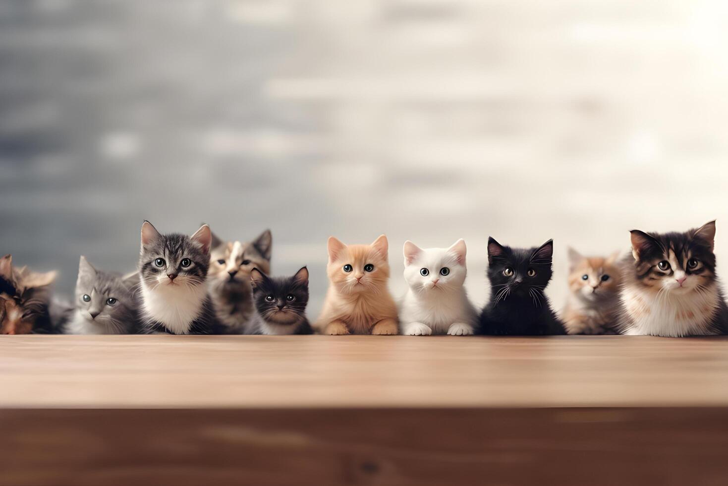 Wooden table with many cats. International cat day. photo